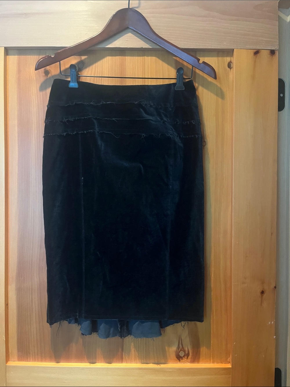 Black/blue Velvet Pencil Skirt with Frayed Trim